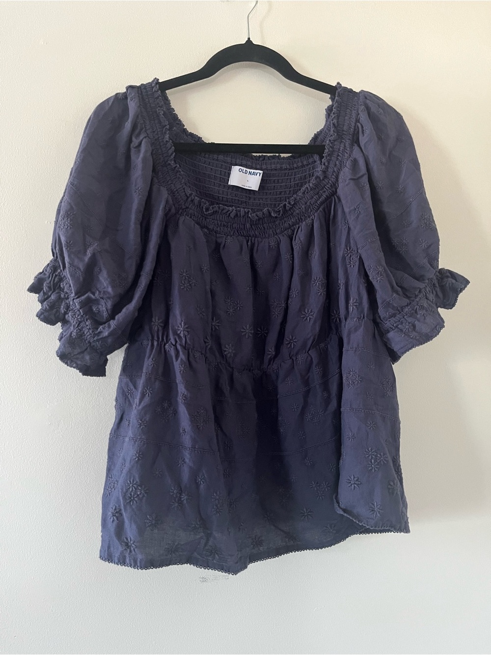 Old Navy Blue Embroidered Smocked Peasant Top Large Cottagecore Prairie Summer